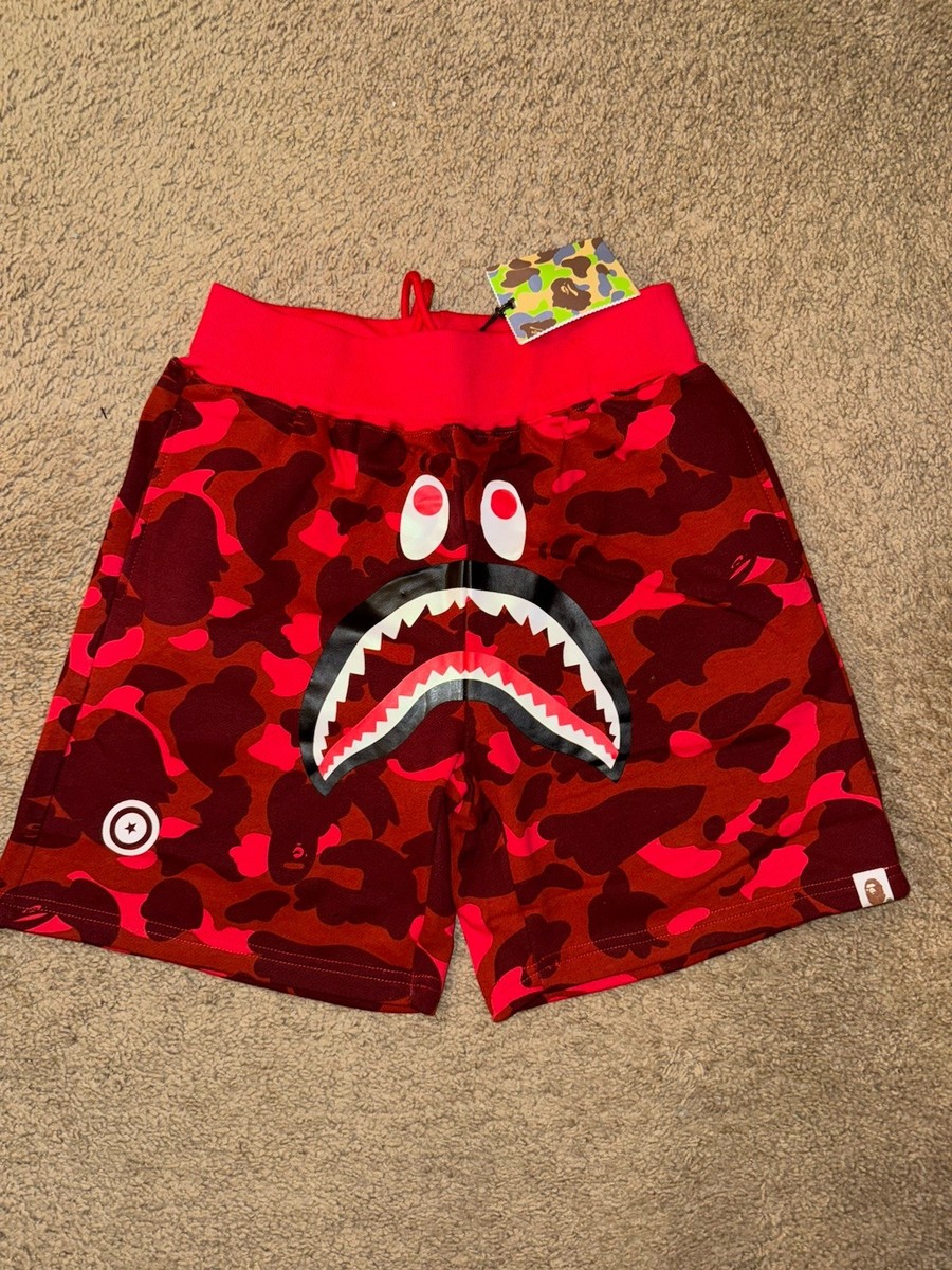 A Bathing Ape Red Camo Shark Face Sweat Shorts Cotton Drawstring