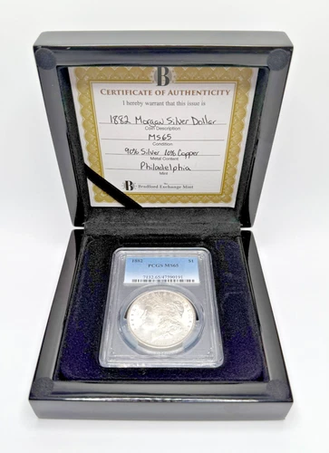1882 Morgan Silver Dollar, PCGS MS65, Philadelphia Mint, COA + Display Case