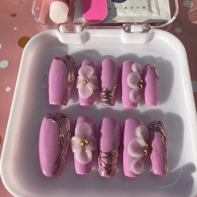 Pink 3D Flower Coffin Press-On Nails Full Cover Set Acrylic Medium