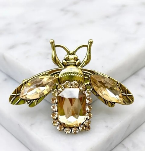 VTG GOLD TOPAZ HONEY BEE INSECT BUG THANKSGIVING BROOCH PIN~RHINESTONE CRYSTAL