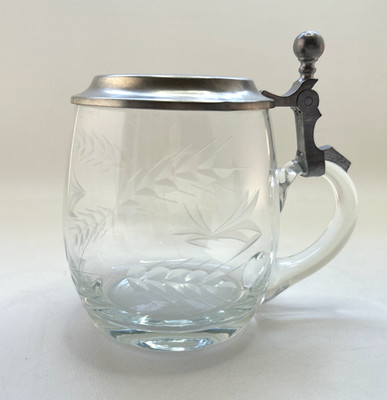 Small Glass Stein Mug Hinged Pewter Lid  Erbo Zinn-Germany