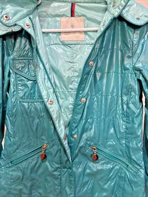 Women's MONCLER Logo Alexandrite Green Windbreaker Removable Hood Jacket 1 XS/S
