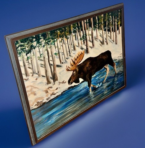 1980s Hand painted Original canvas wall art watercolor - Moose On The Loose - Picture 1 of 4