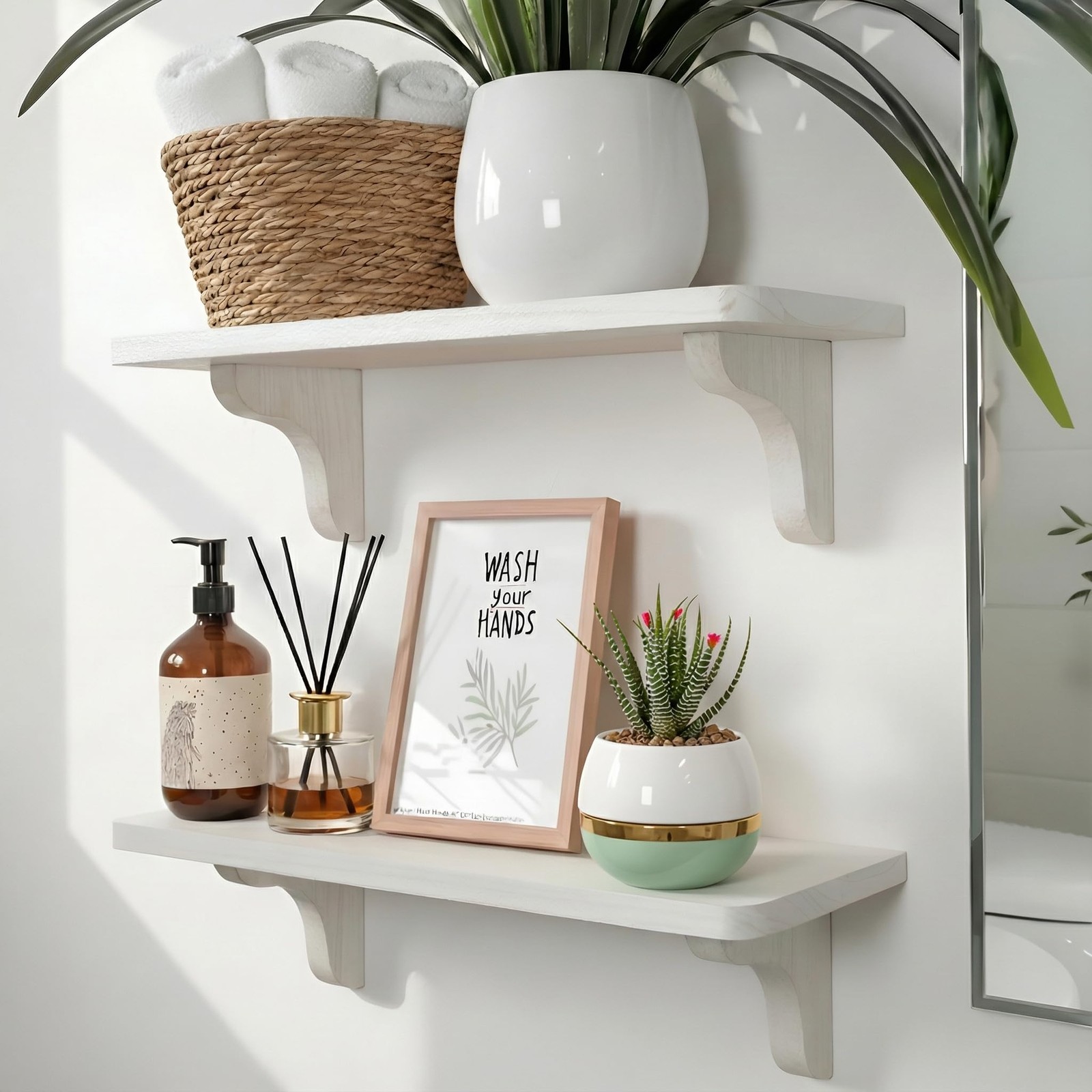 2 PCS 17 Inch Real Wood White Wall Shelves Long Wall Mounted Display Storage