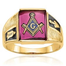14K Solid Yellow Gold Mens Black Lab Ruby Masonic Ring