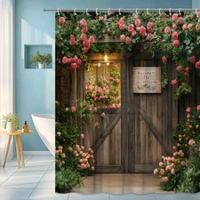 Secret Garden Entrance Shower Curtain Wooden Gate with Pink Roses Rustic Floral