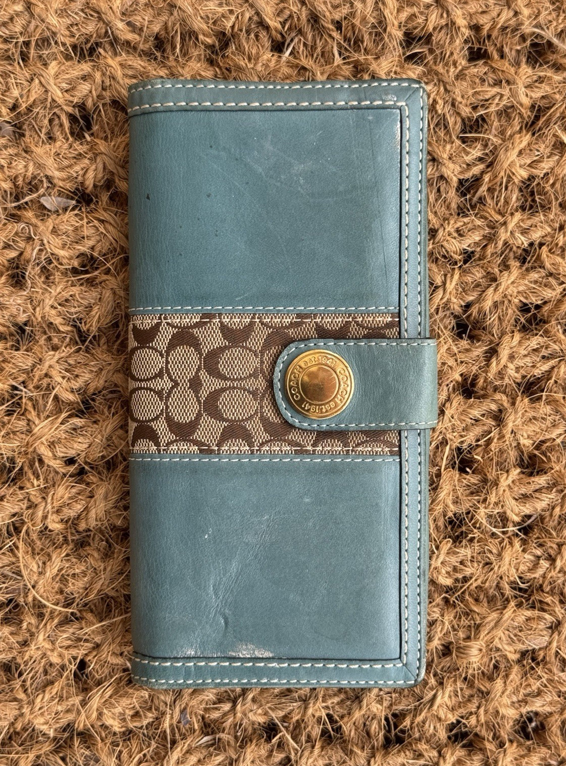 Coach Blue Brown Folding Women's Wallet Logo Button Credit Card Accent