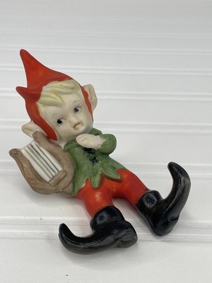 Vintage Ceramic Red Green Pixie Elf Figurine With Harp Japan