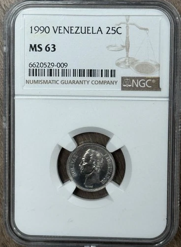 1990 Venezuela 1/4 Bolivar - 25 centimos NGC MS63 Simon Bolivar PATTERN COIN