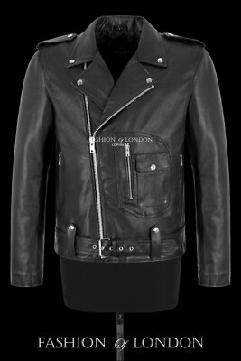Mens Brando Fashion Leather Jacket Biker Style Cowhide Retro Riding Jacket Aster