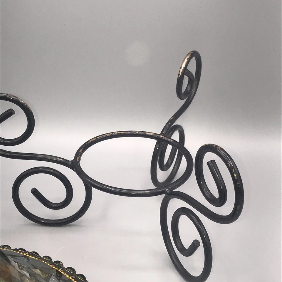 Mosaic Centrepiece Bowl Iron Scroll Stand Green Glass 9.5”. FLAW - Image 4 of 4