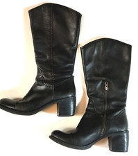 Nine West O-Fraser Black Leather Women's Block Heel Mid Calf Boots Sz 7.5