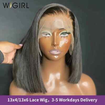 13x6 Bone Straight Lace Frontal Human Hair Wigs Pre PluckedShort Bob Closure Wig