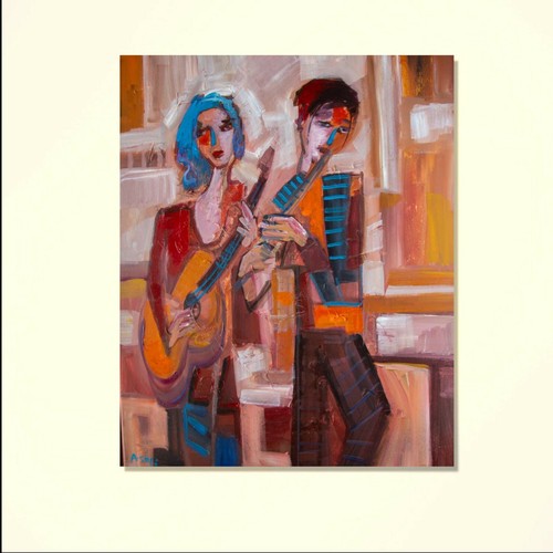 "Pintura artística de retrato original grande sobre lienzo estirado 28"" x 22" - Imagen 2 de 5