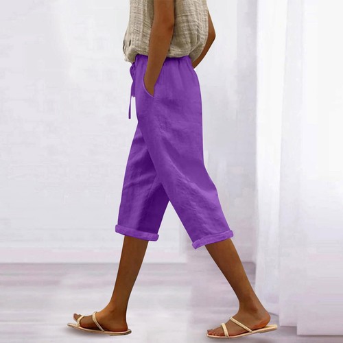 Women's Fashion Casual Loose Solid Colour Cotton Linen Drawstring 7/10 Pants - Picture 28 of 72