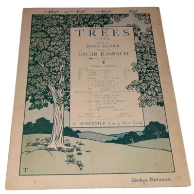Trees Song Poem by Joyce Kilmer Piano & Voice Sheet Music by Oscar Rasbach 