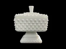 Vintage Fenton Milk Glass Hobnail Footed Covered Compote Candy Dish Lid Square