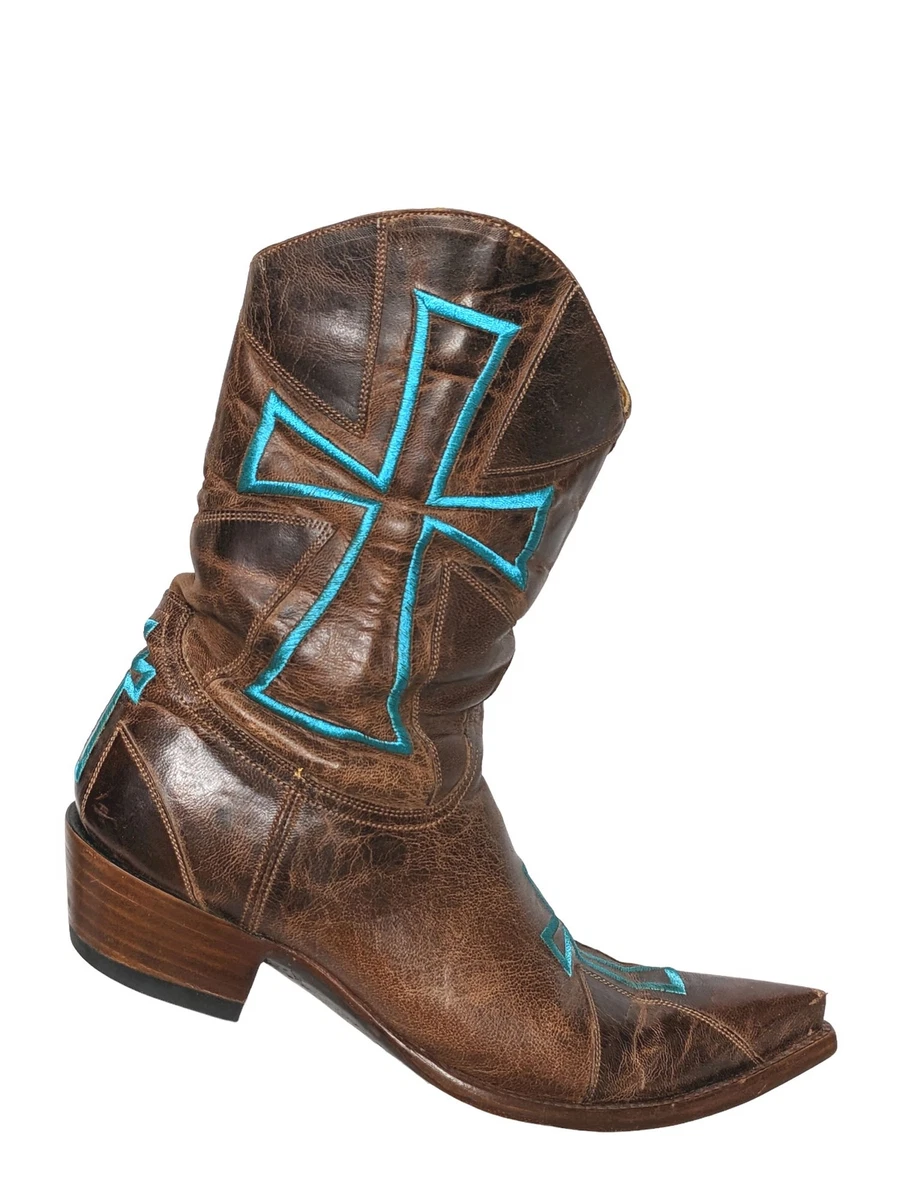 Old Gringo Camelot Brown Leather Cowboy Boots Embroidered Cross Motif Size 7.5 B