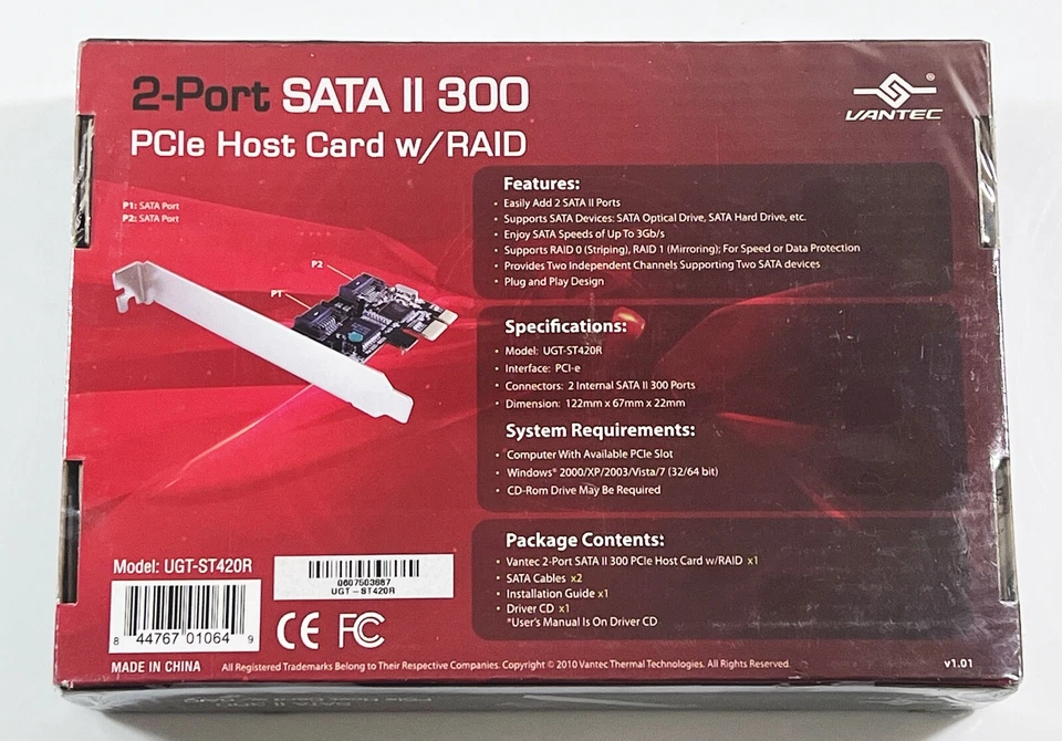 Vantec UGT-ST420R 2-Port SATA II 300 PCIe Host Card with RAID (NEW SEALED) - Image 2 of 3
