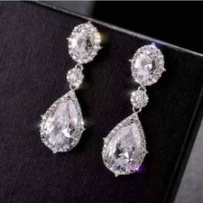 3 Ct Pear Cut Lab Created Diamond Drop Dangle Earrings In 14K White Gold Plated