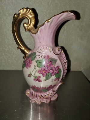 Vintage 8'' Handpainted Vase Pitcher Pink Floral & Gold Accents Alberta's Signed