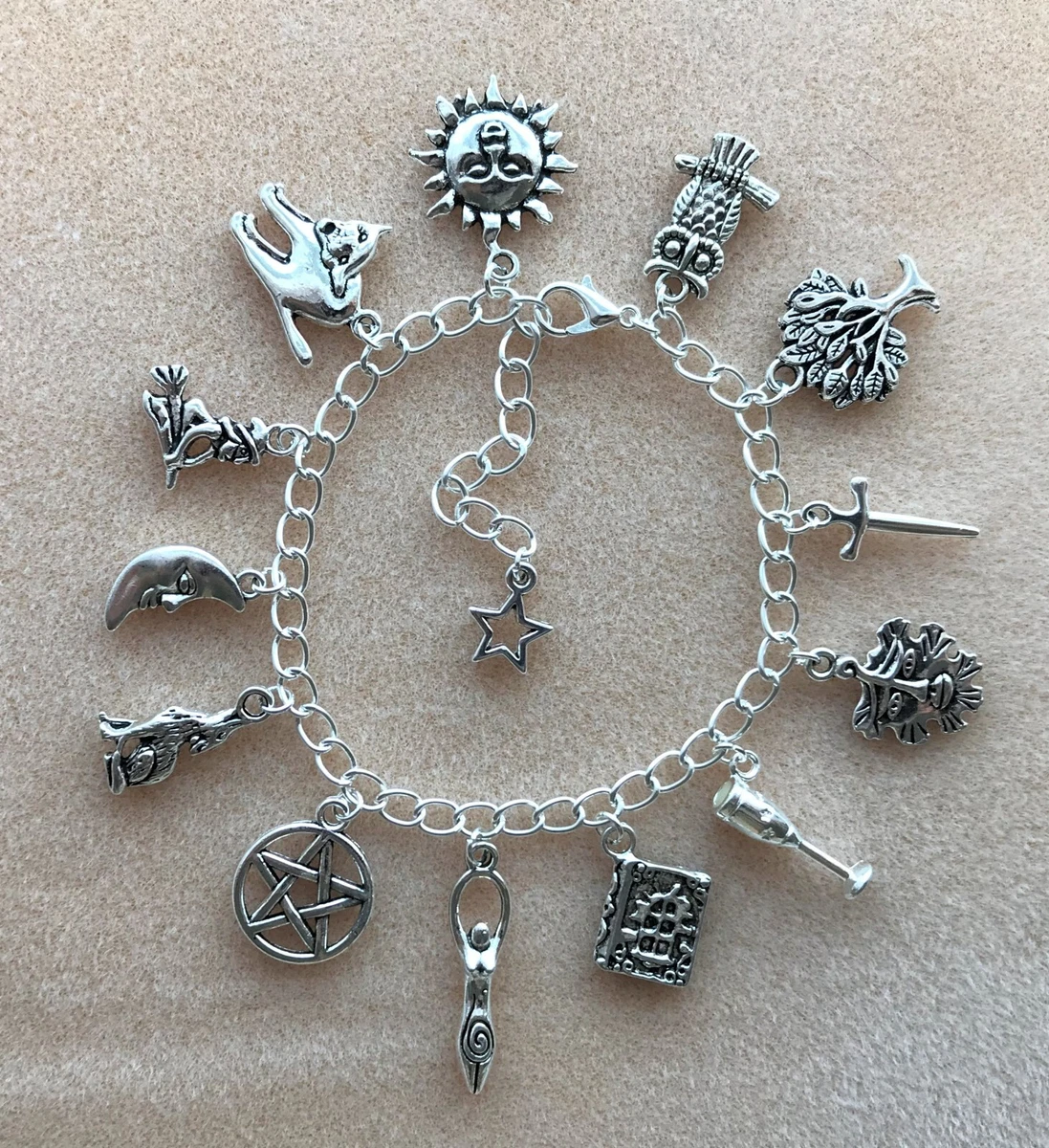 Wicca Pagan Pentagram Green Man Sun Moon Charm Bracelet Goddess Witch