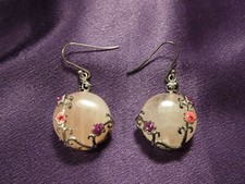 Sterling Silver Enamel Flowers Rose Quartz Dangle Earrings