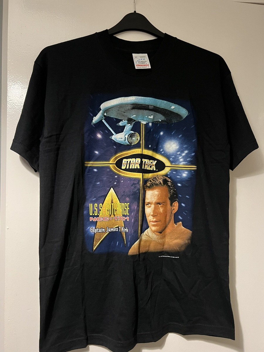 Mens Med Star Trek Screen Stars Captain James Kirk T-shirt Black Cotton