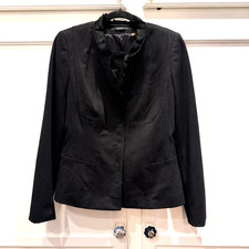 Tahari Women's Black Ribbon Ruffle Stand Collar Blazer Snaps Sz 10 US