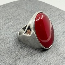 Red Oval Cabochon Agate Ring Silver Tone Chunky Band Gothic Statement Cocktail