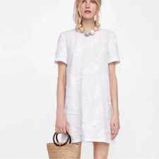 Zara Woman Floral Embroidered Shift Dress Size XS White with Ivory Embroidery