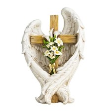 12" Angel Wings Embracing Cross and Garden Statue Memorial Statue Calla Lily