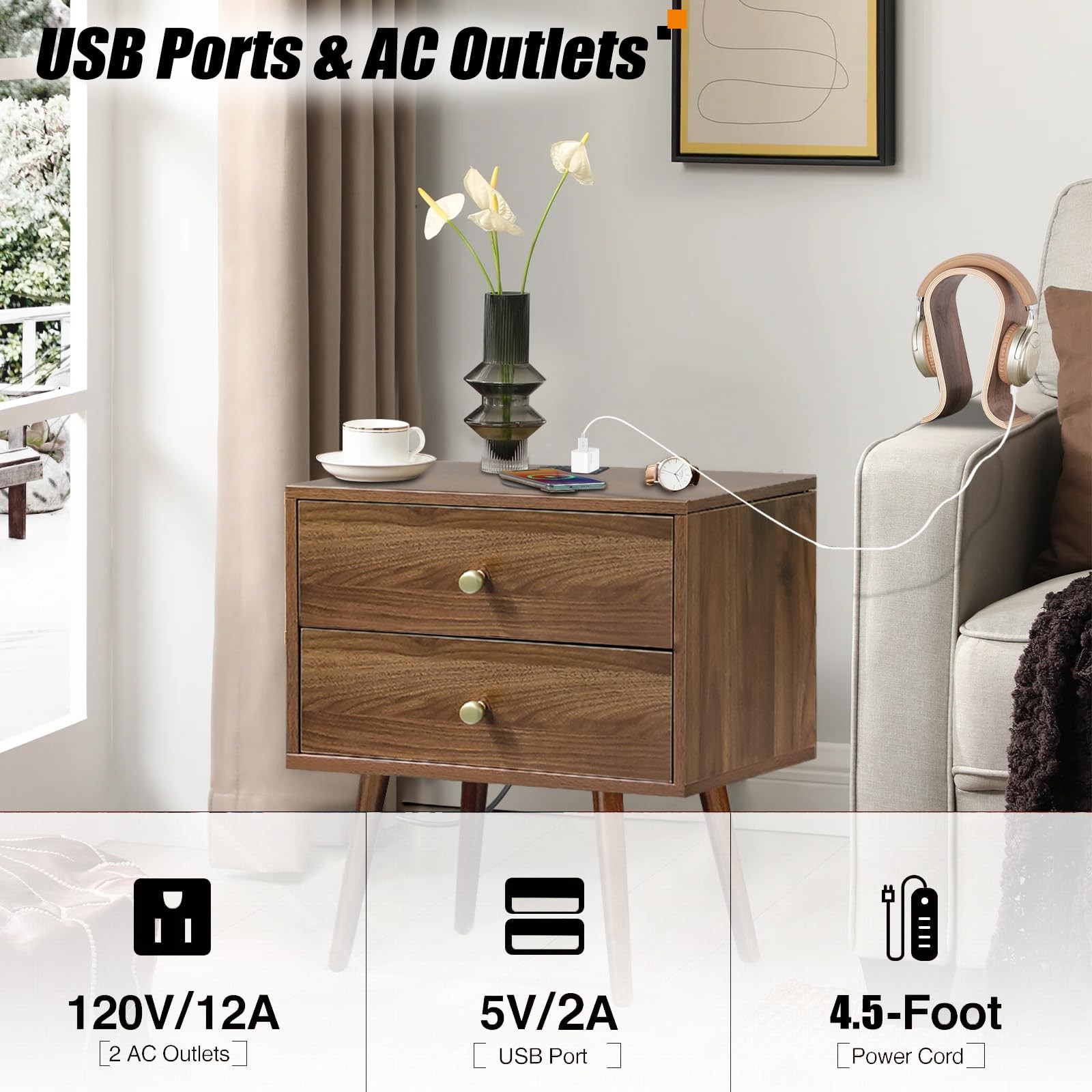 Wood Nightstand with Charging Station - 20" W x 14" D x 24" H Wooden Bedside ...