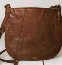 Fossil Brown Leather Crossbody Shoulder Bag Key Tag Zip Top Adjustable Strap