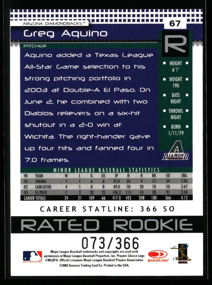Greg Aquino 2004 Donruss #67 Stat Line Career #/366 Arizona Diamondbacks - Image 2 of 2