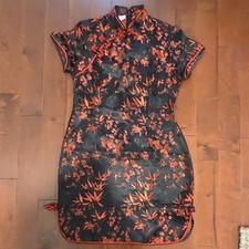 Black Red Floral 100% Silk Cheongsam Qipao Dress Size Youth L