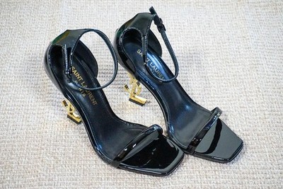 Saint Laurent Opyum Sandals YSL Logo Heel Black Patent 38 EU / US 7