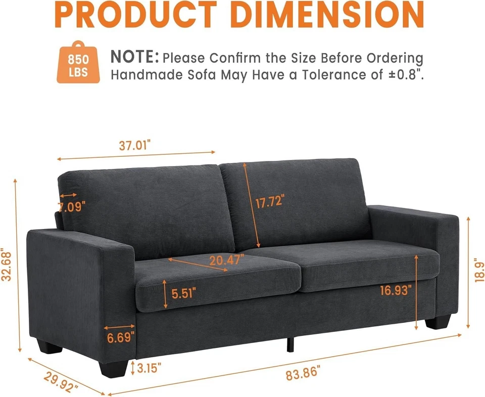 Sofá de pana de 83" sofá de 3 plazas con reposabrazos anchos y asiento profundo Cloud Loveseat Foto 2 de 4