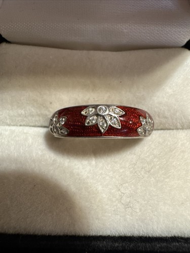 QVC Diamonique Ring Sterlingsilber rote Emaille 3 Blumen CZ Zirkonia Größe 8