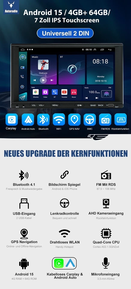 2DIN DAB 4+64G Autoradio Android15 Wireless Carplay GPS NAVI Touchscreen USB RDS - Bild 2 von 4