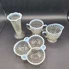 VTG Lot Of Anchor Hocking Moonstone Hobnail Vase, Dish And Sugar/Creamer Set