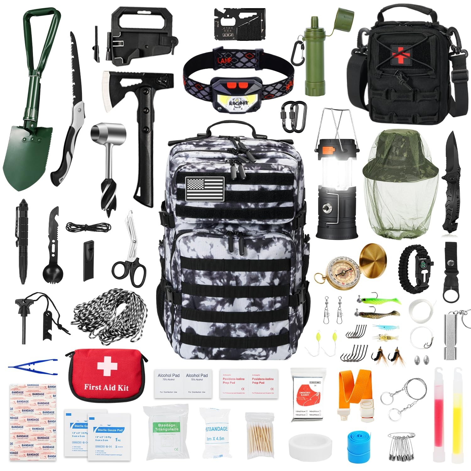 Professional Survival Gear Set with First Aid Kit and Large Camping Backpack