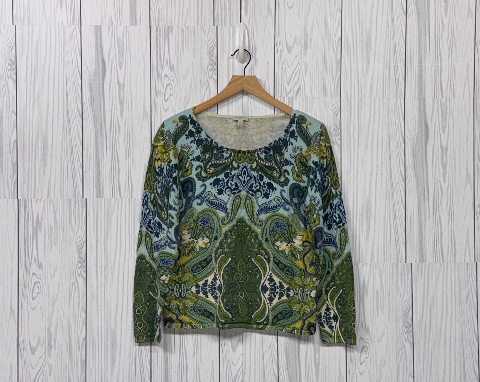 Talbots top womens size large petite long sleeve t shirt paisley patterned white