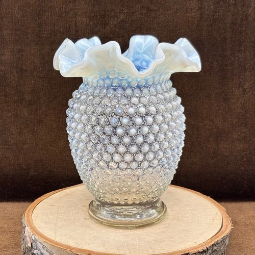 Vintage Fenton Opalescent - Moonstone Hobnail Ruffled Top Glass 6" Vase