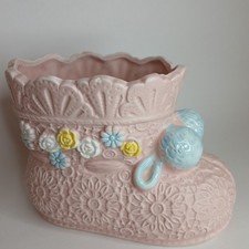 VTG Pink Ceramic Baby Bootie Planter With 3-D Floral Design Made In Japan READ