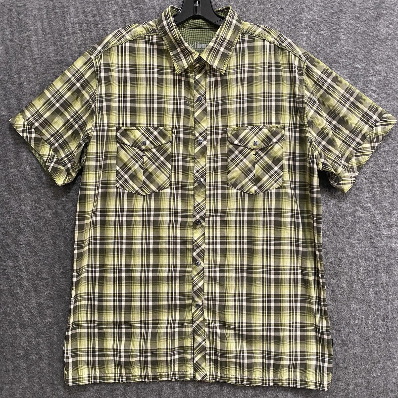 Kuhl Eluxor Ionik Shirt Mens L Green Plaid Short Sleeve Button Up Hiking Outdoor