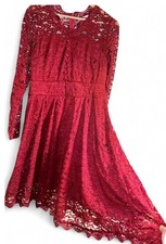 Women' Red Lace Dress With Button Detail Bodice, Lined Knee-Length,Christmas XL