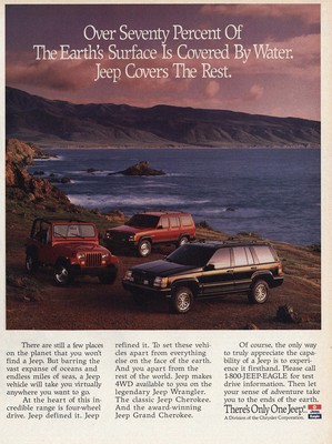 1993 Jeep: Earths Surface Is Covered By Water Vintage Print Ad