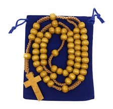 Rosary Beads Wood Cross Catholic Holy Prayer Beads 20 Inch Necklace Velvet Pouch