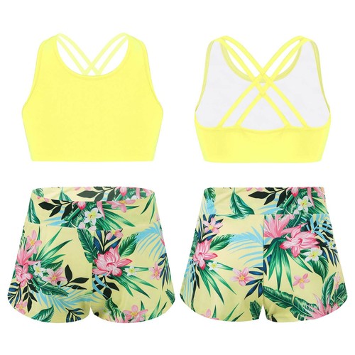 Girls Print Athletic Tankini Set Sport Crop Top with Swim Short Bathing Suits - Picture 114 of 143